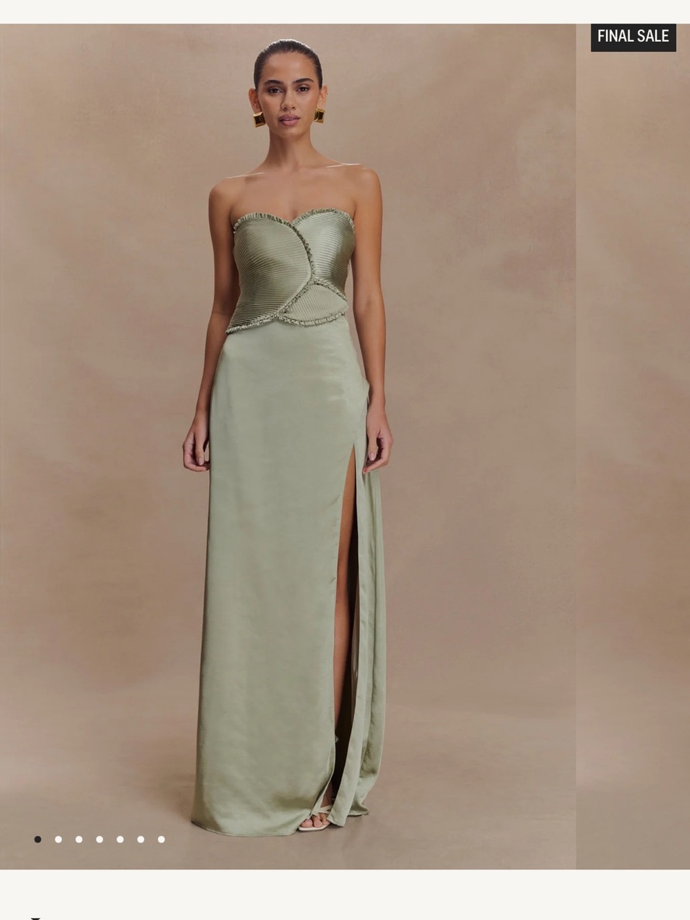 Meshki Light Sage Strapless Satin Column Gown with High Slit